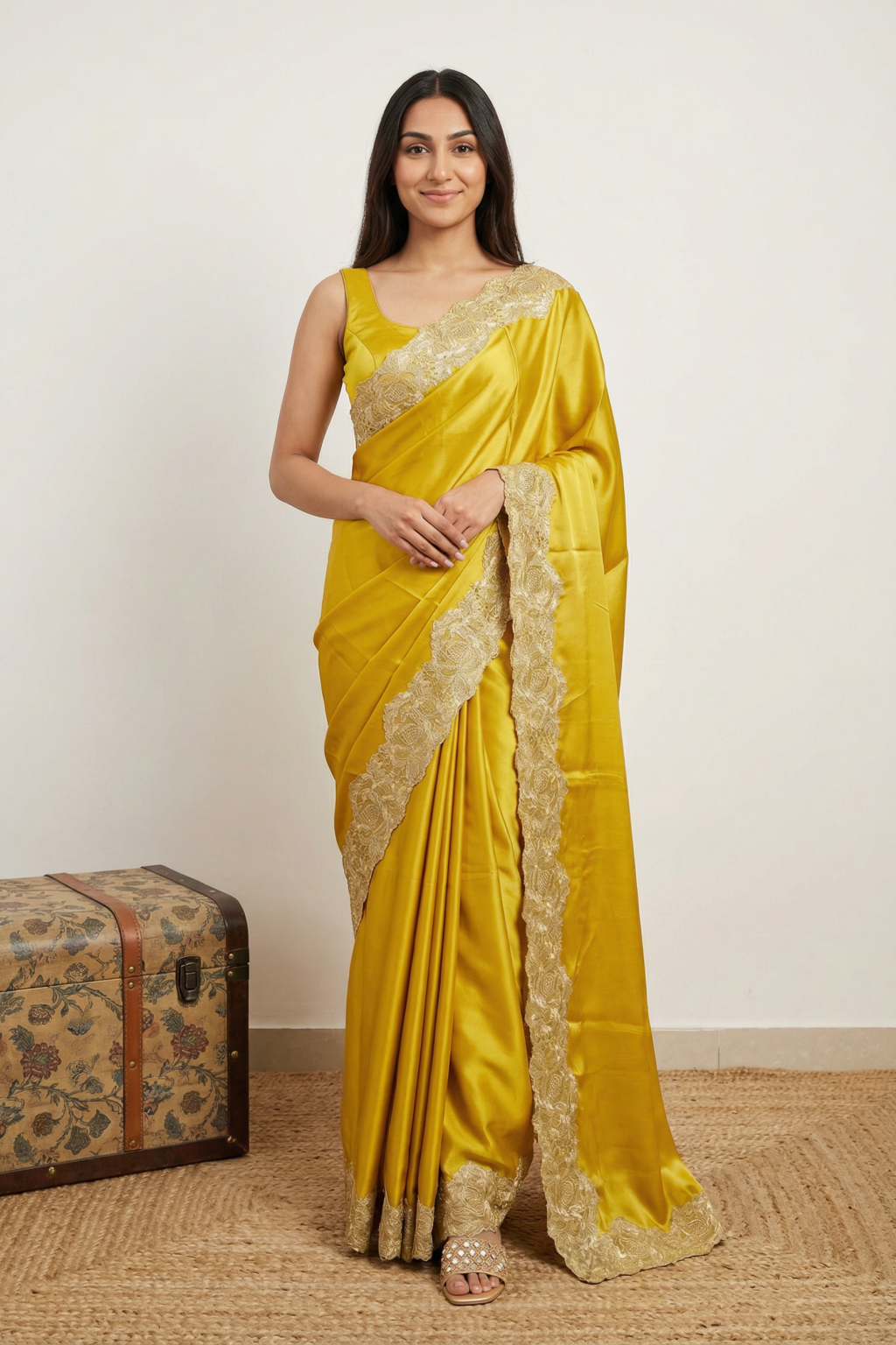 Mustard Yellow Satin Saree with Floral Applique Lace Border