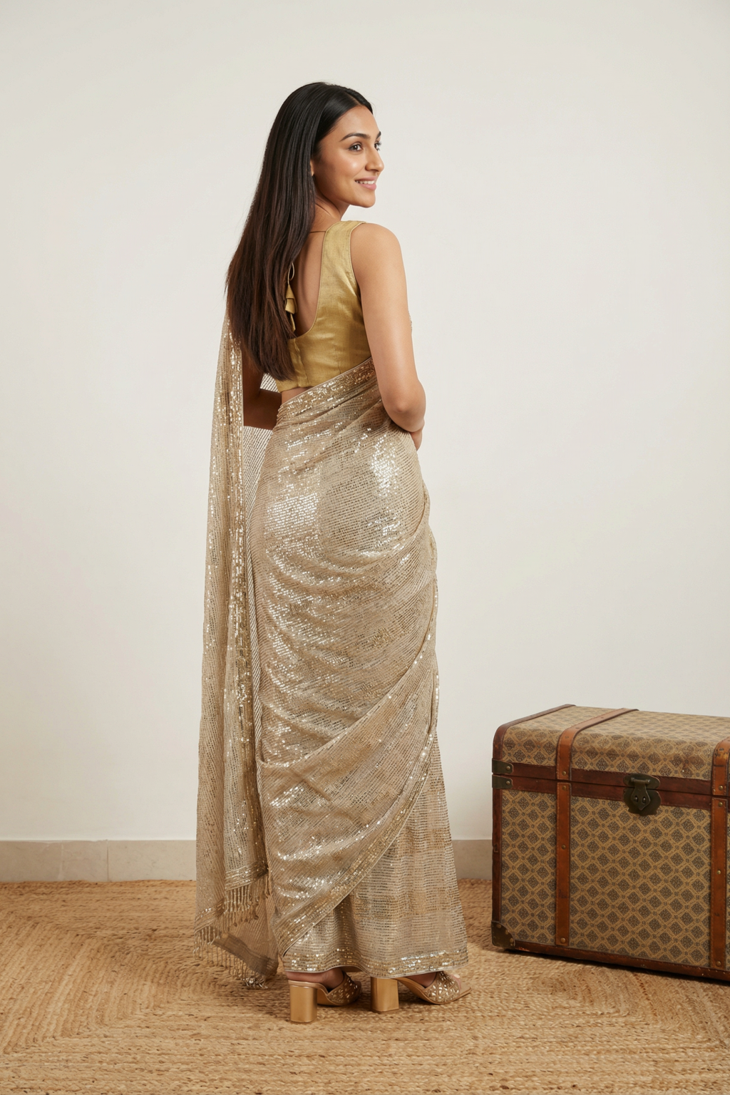 Off-White Georgette Saree with All-Over Sequin Work - Mokshaa
