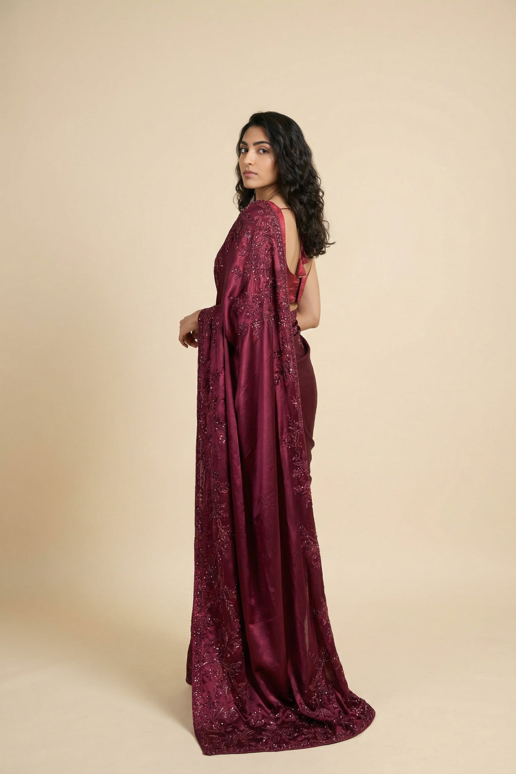 Maroon Satin Saree with Beaded Embroidery Border