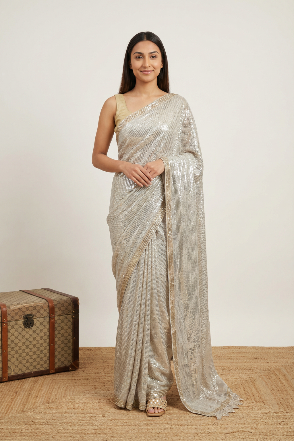 Off-White Georgette Saree with All-Over Sequin Work - Mokshaa