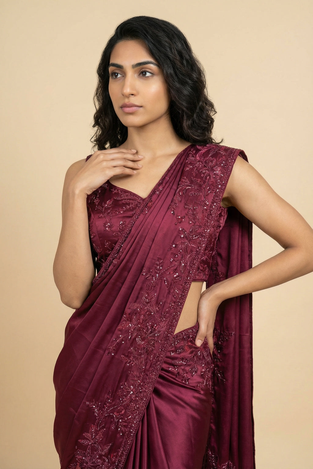 Maroon Satin Saree with Beaded Embroidery Border - Mokshaa