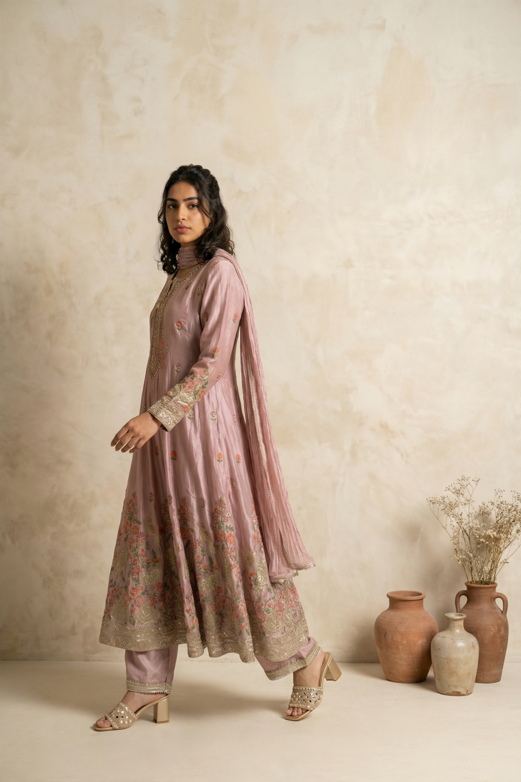 Pink Mul Chanderi Anarkali Set - Mokshaa