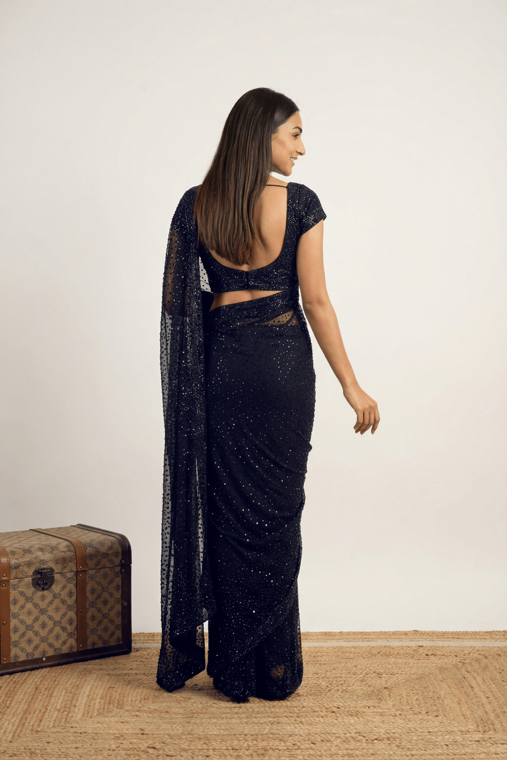 Indigo Blue Satin Saree with Floral Aari Embroidery and Ready Blouse