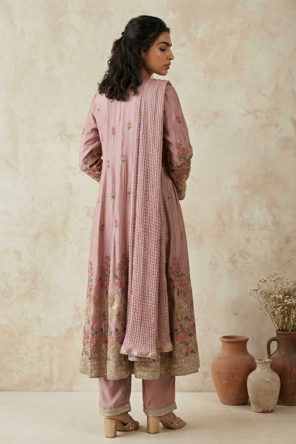 Pink Mul Chanderi Anarkali Set - Mokshaa