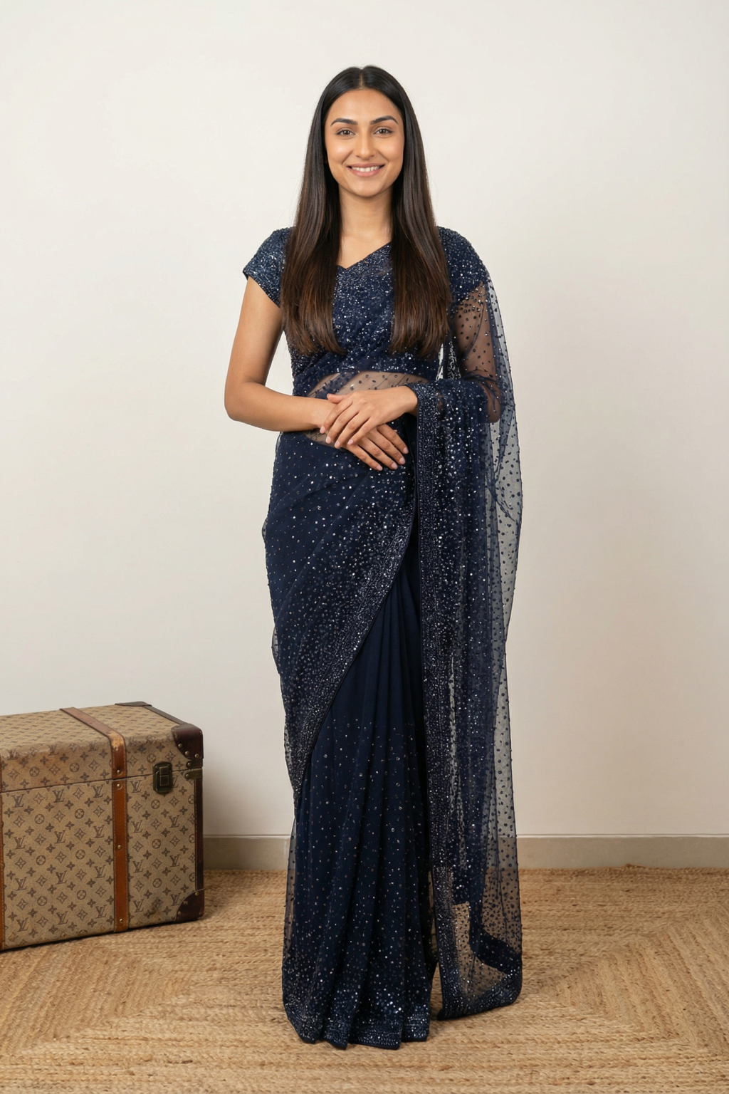 Indigo Blue Satin Saree with Floral Aari Embroidery and Ready Blouse