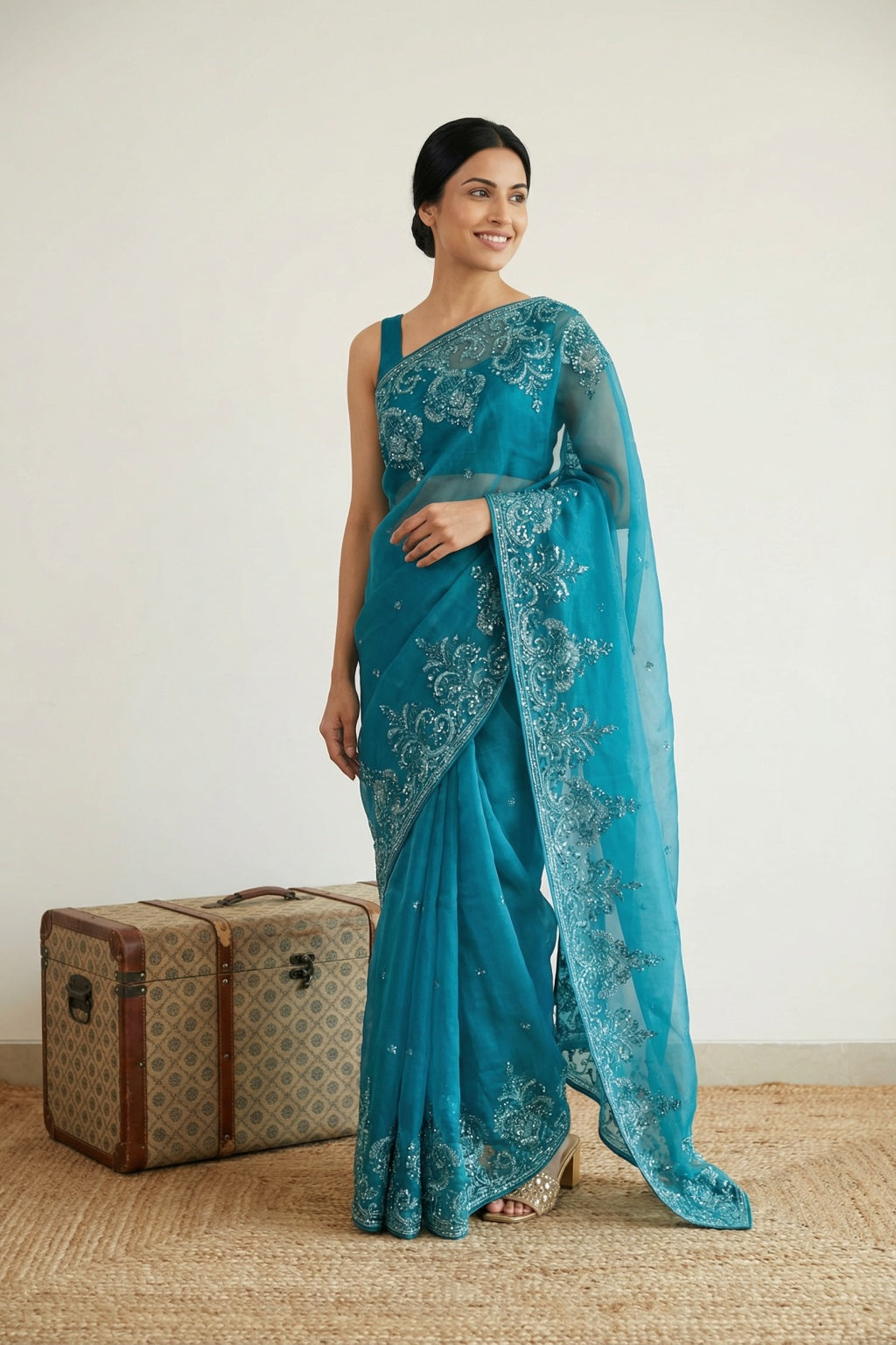 Teal Blue Organza Saree