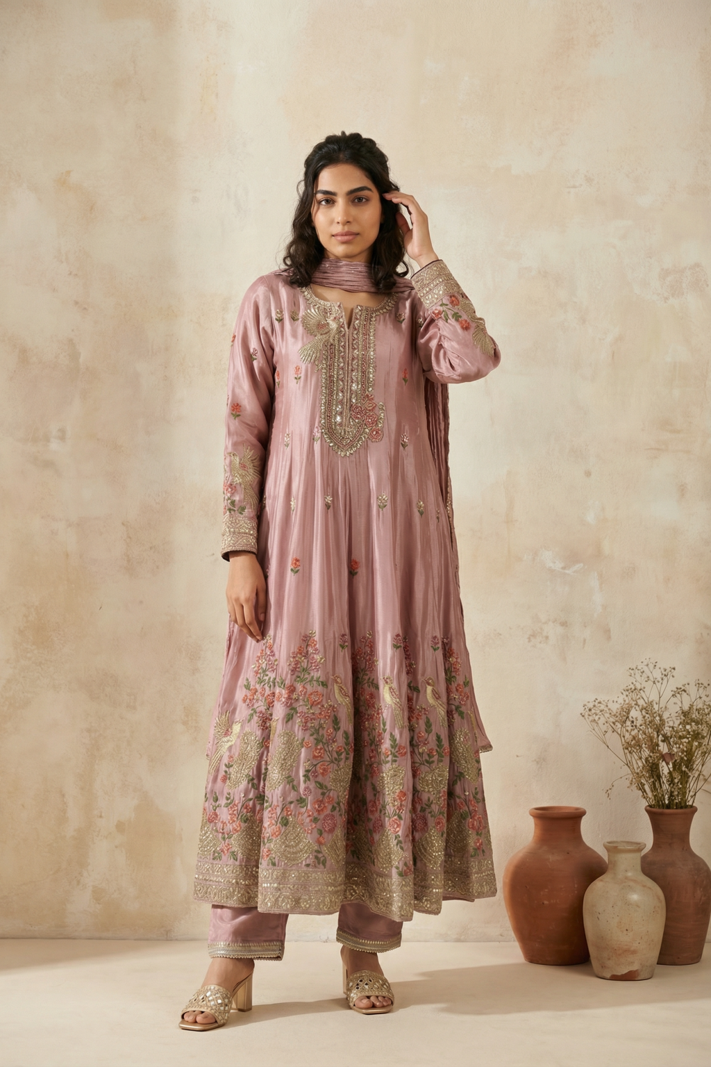 Pink Mul Chanderi Anarkali Set - Mokshaa