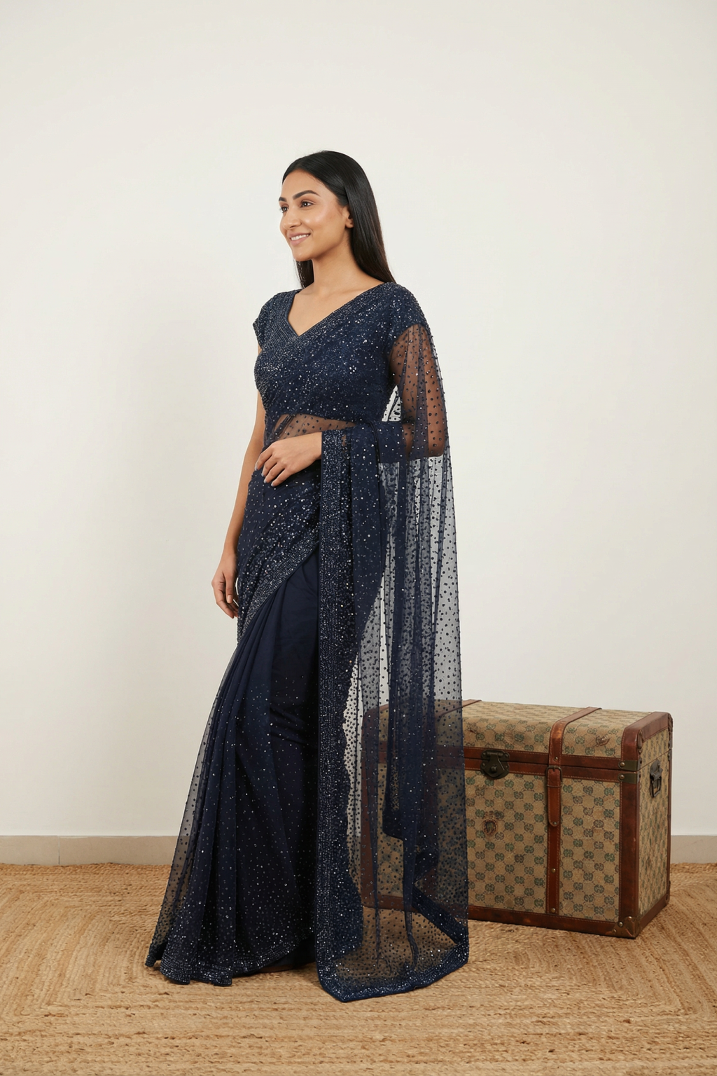 Indigo Blue Satin Saree with Floral Aari Embroidery and Ready Blouse