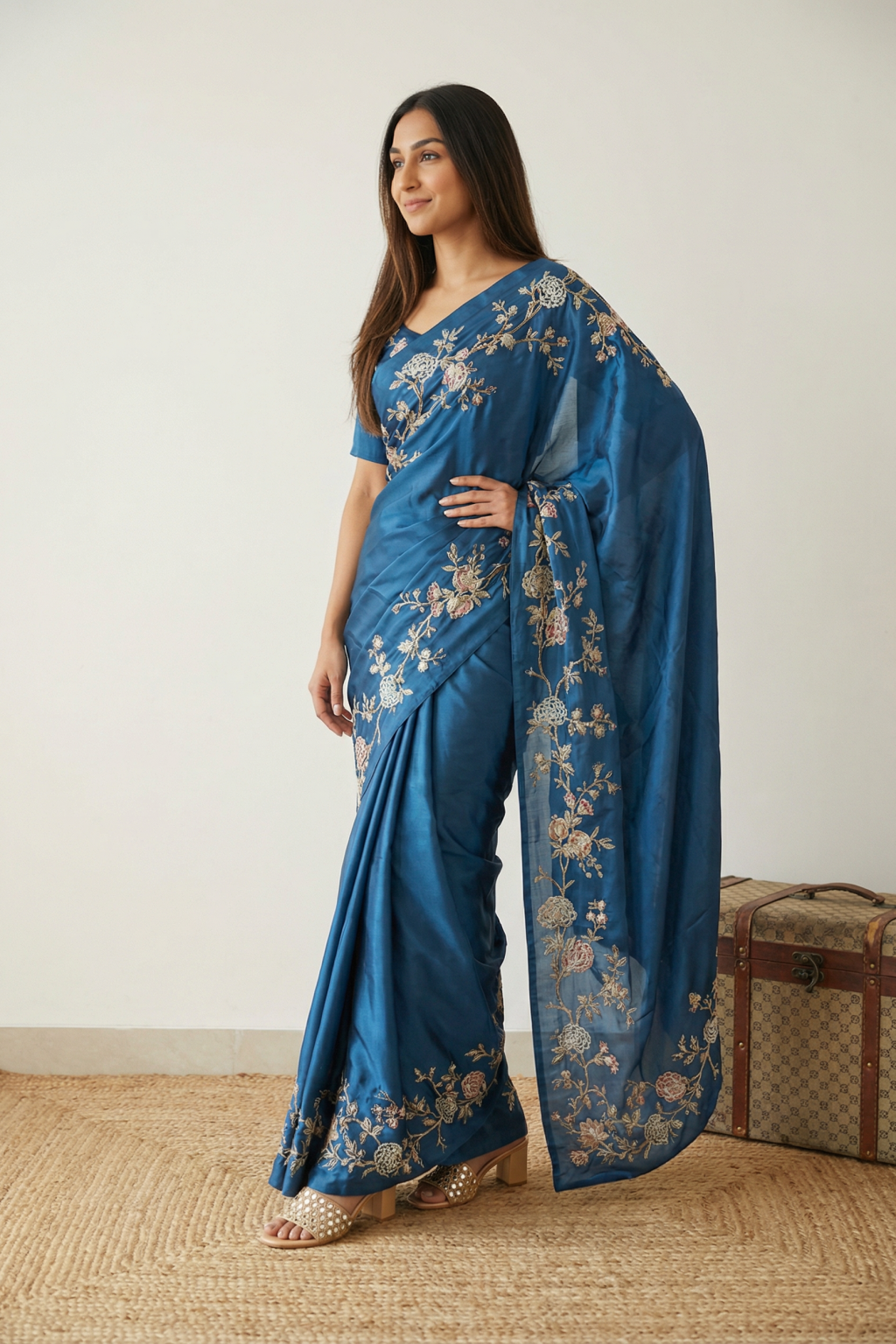 Indigo Blue Satin Saree with Floral Print & Aari Work