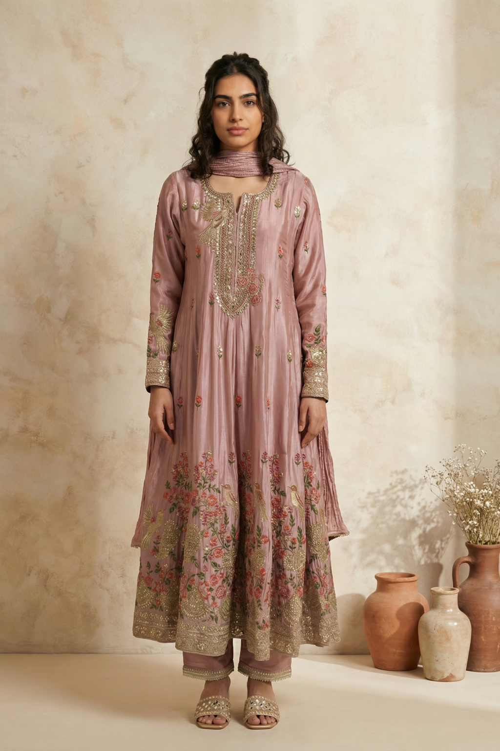 Pink Mul Chanderi Anarkali Set