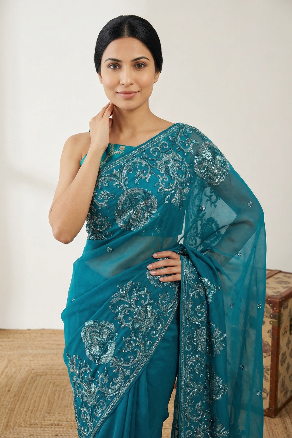 Teal Blue Organza Saree