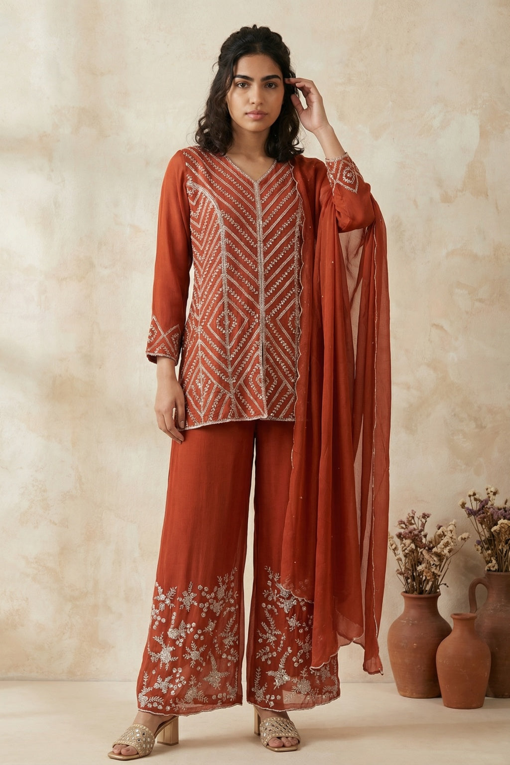 Rust Silk Palazzo Set with Hand Embroidery - Mokshaa