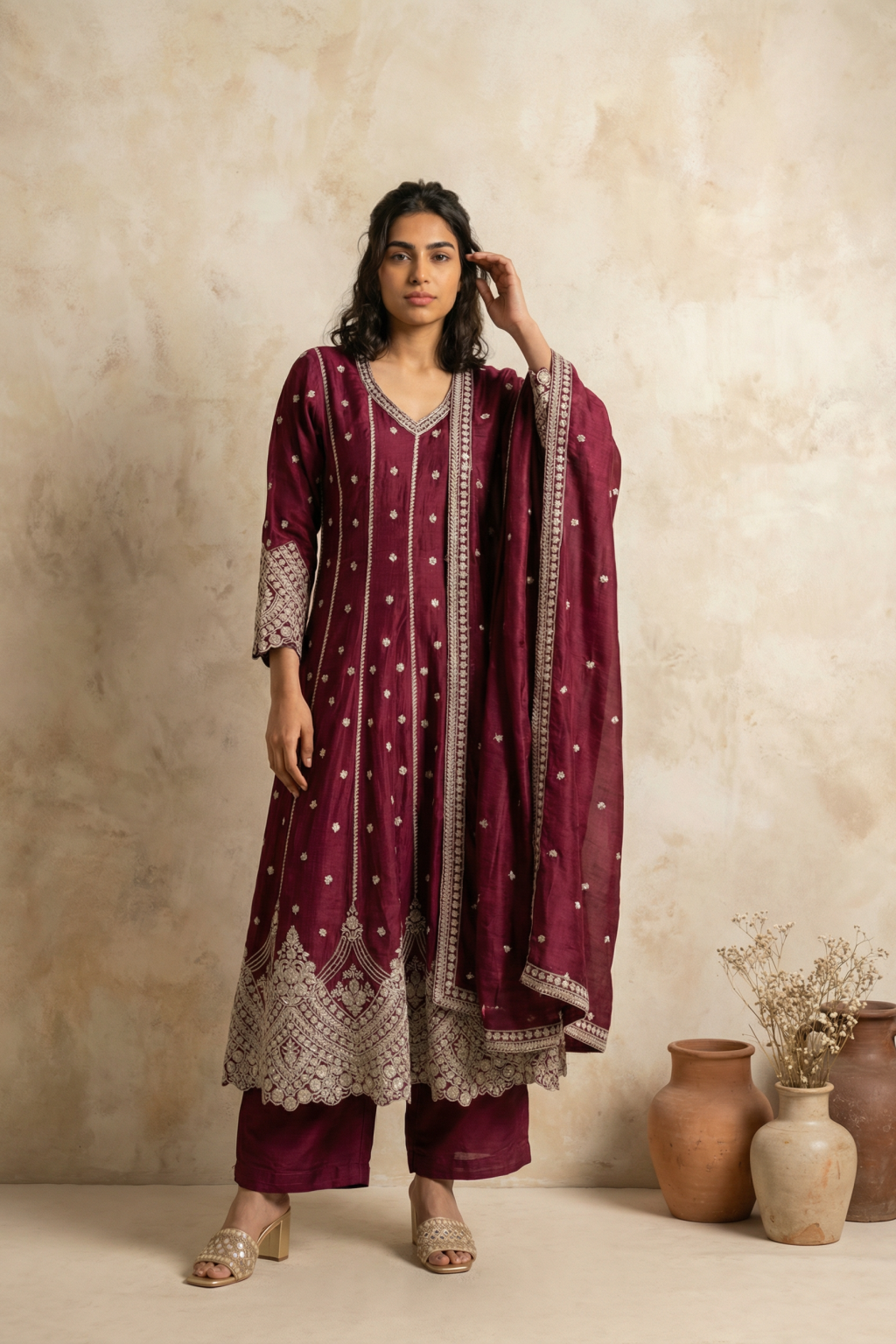 Maroon Silk Anarkali with Zari, Sequin & Kutdana Embroidery - Mokshaa