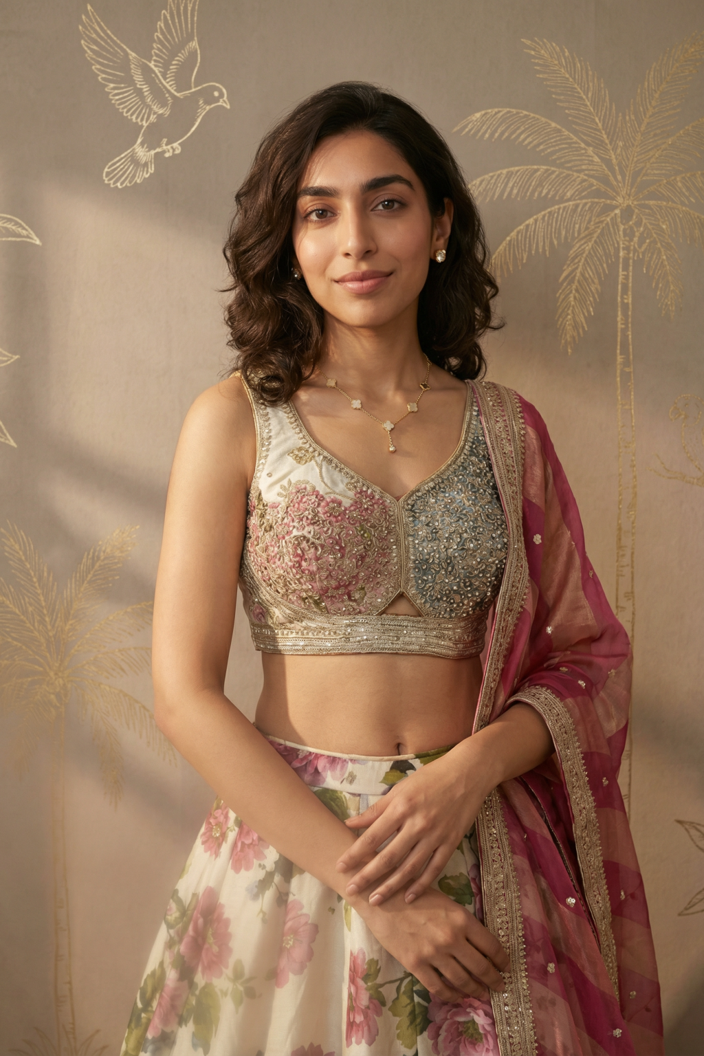 Ivory Tissue Organza Floral Lehenga Set