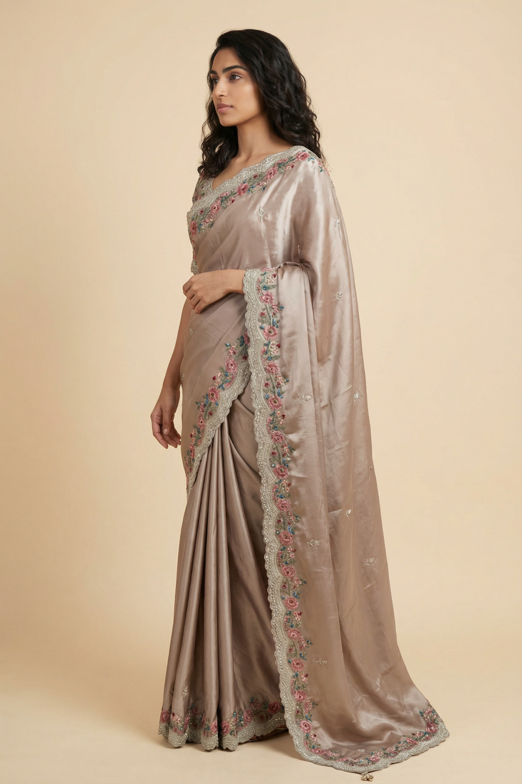 Champagne Gold Satin Floral Embroidered Saree - Mokshaa