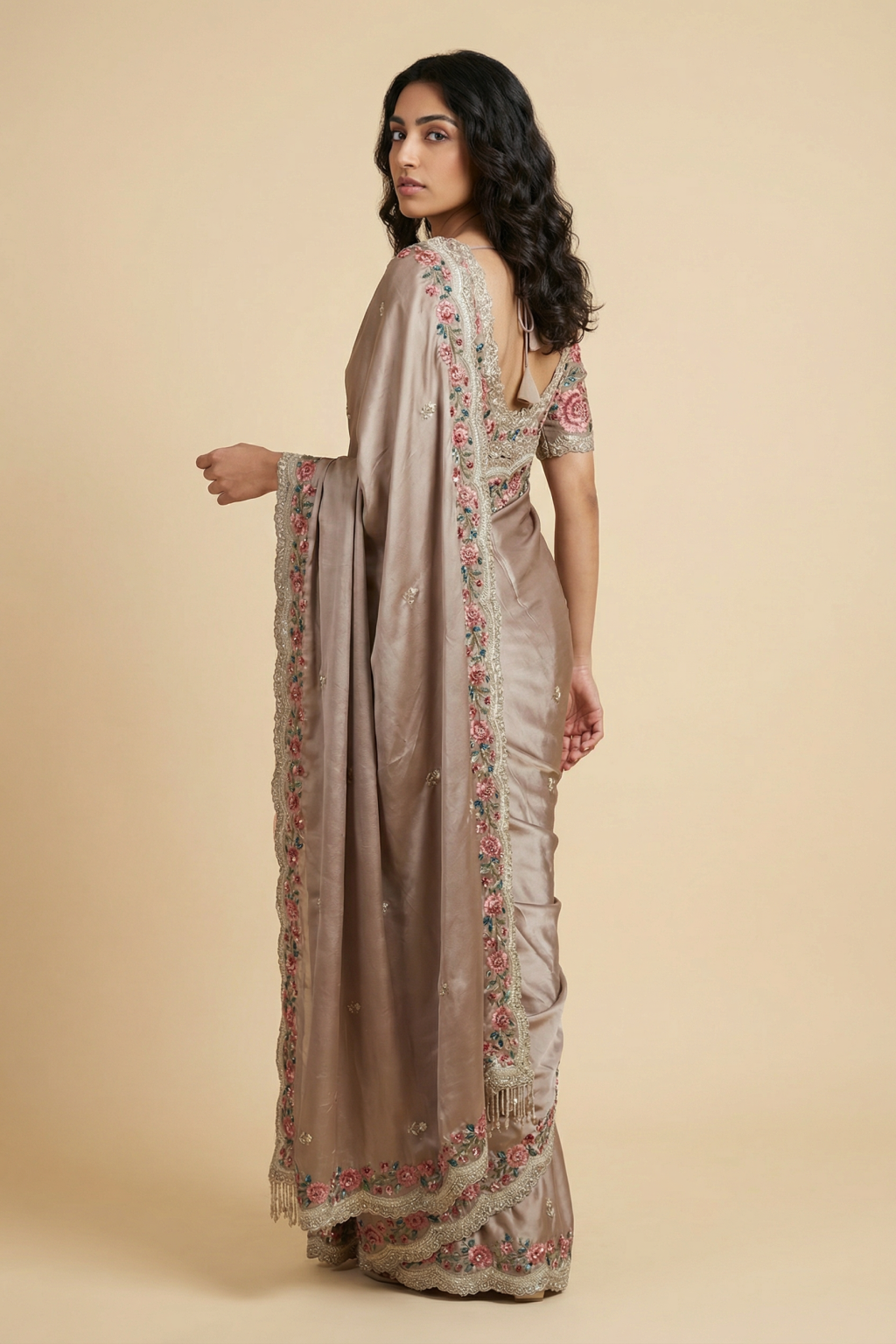 Champagne Gold Satin Floral Embroidered Saree - Mokshaa
