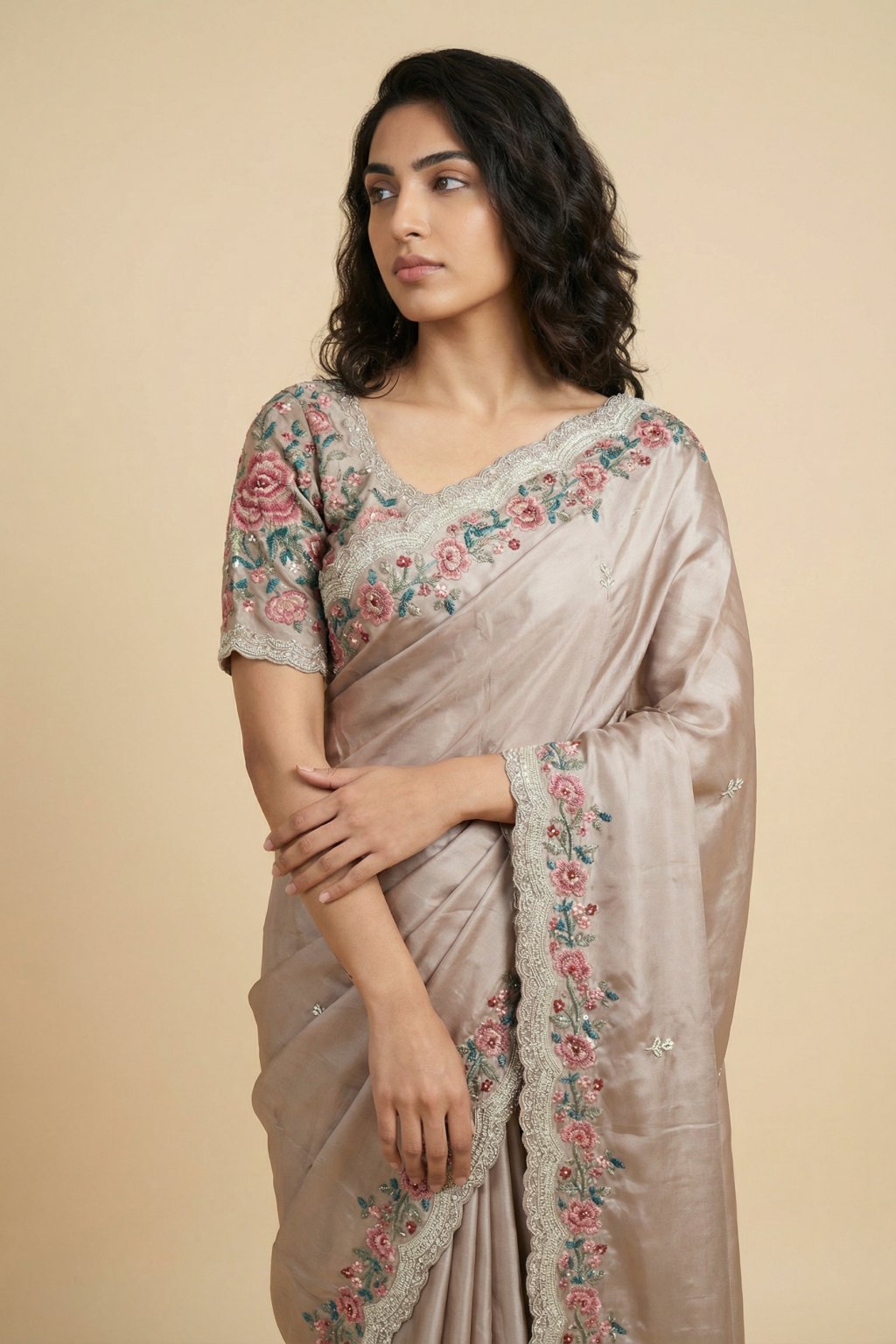 Champagne Gold Satin Floral Embroidered Saree