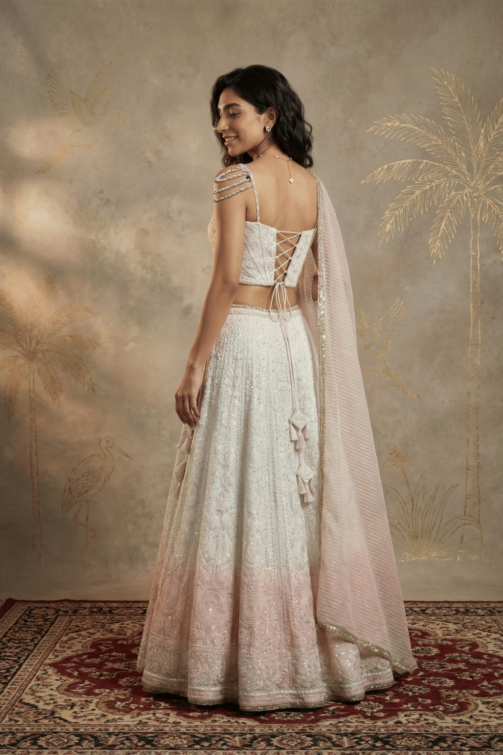 White & Blush Pink Shaded Lucknowi Embroidered Corset Lehenga Set