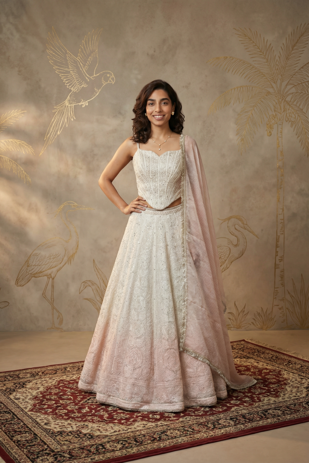 White & Blush Pink Shaded Lucknowi Embroidered Corset Lehenga Set