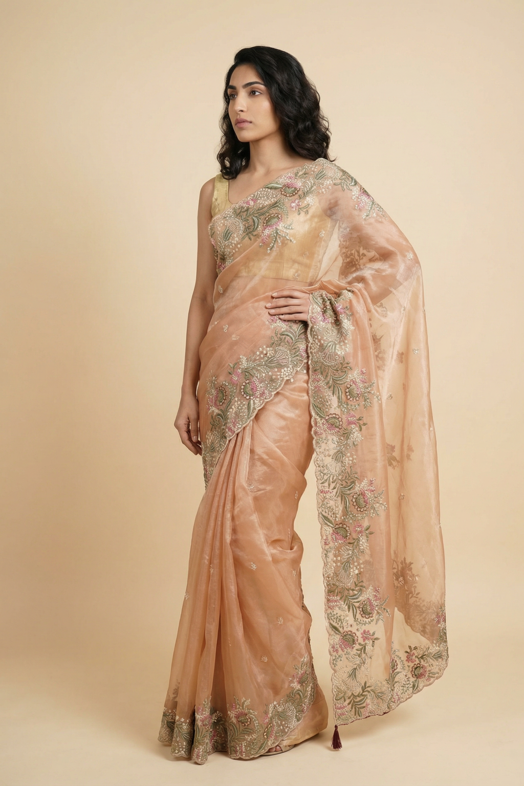 Peach Tissue Kora Saree with Floral Thread Embroidery