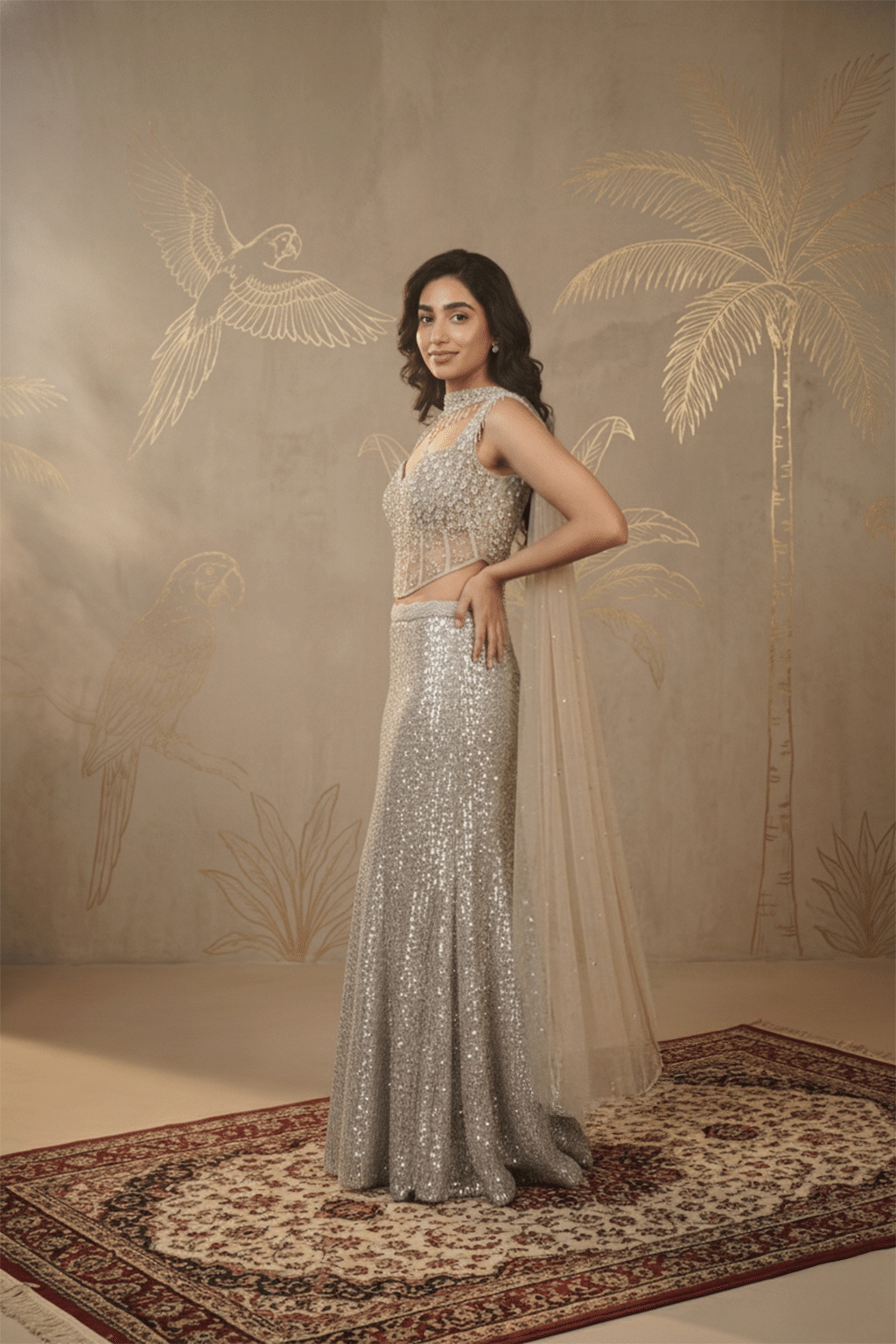 Champagne Net Corset Mermaid Lehenga Set