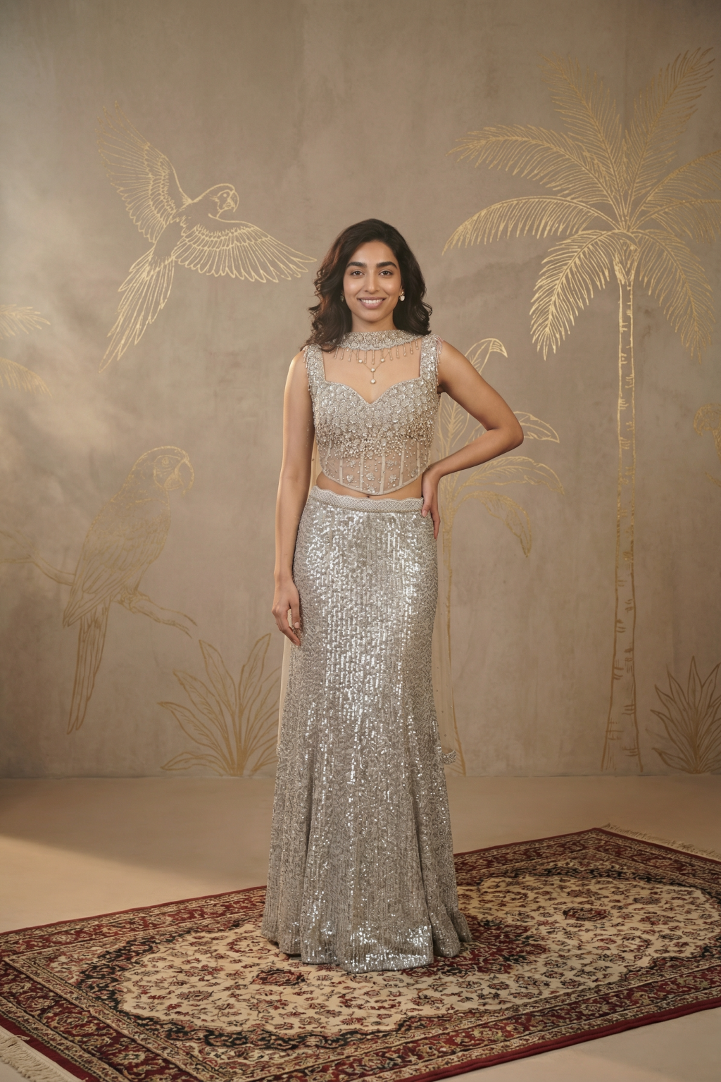 Champagne Net Corset Mermaid Lehenga Set