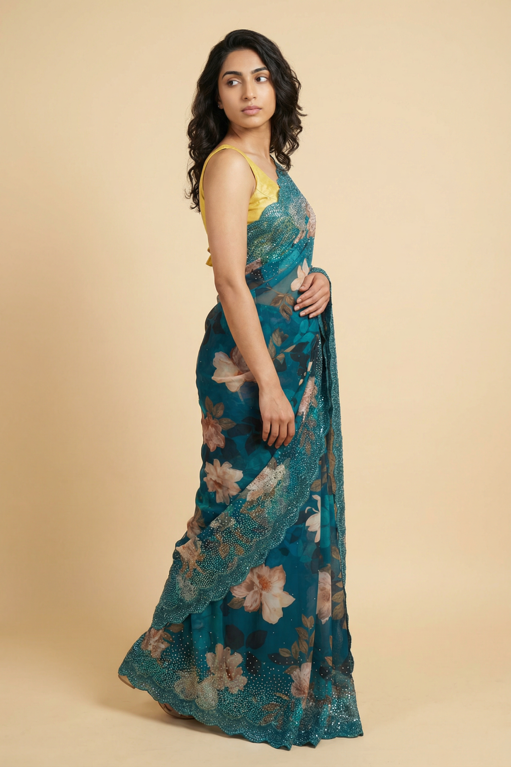 Blue Georgette Saree with Floral Print and Sequin Border - Mokshaa
