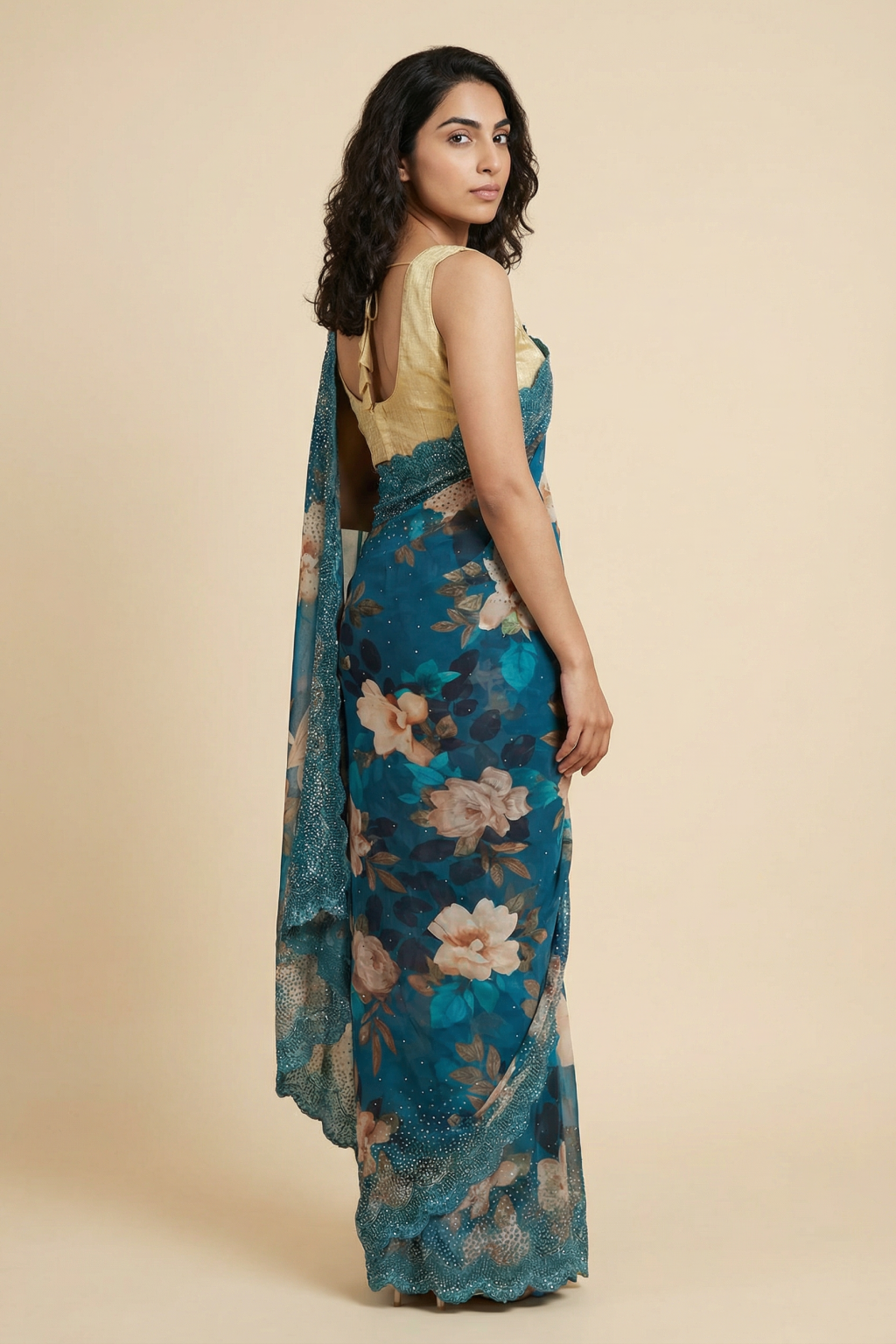 Blue Georgette Saree with Floral Print and Sequin Border - Mokshaa