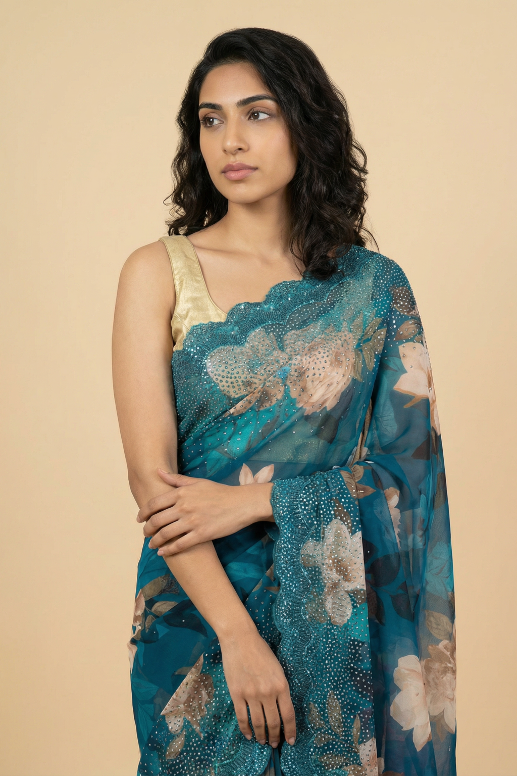 Blue Georgette Saree with Floral Print and Sequin Border - Mokshaa
