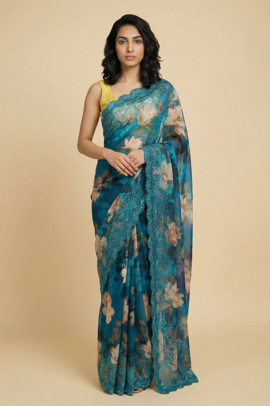 Blue Georgette Saree with Floral Print and Sequin Border - Mokshaa