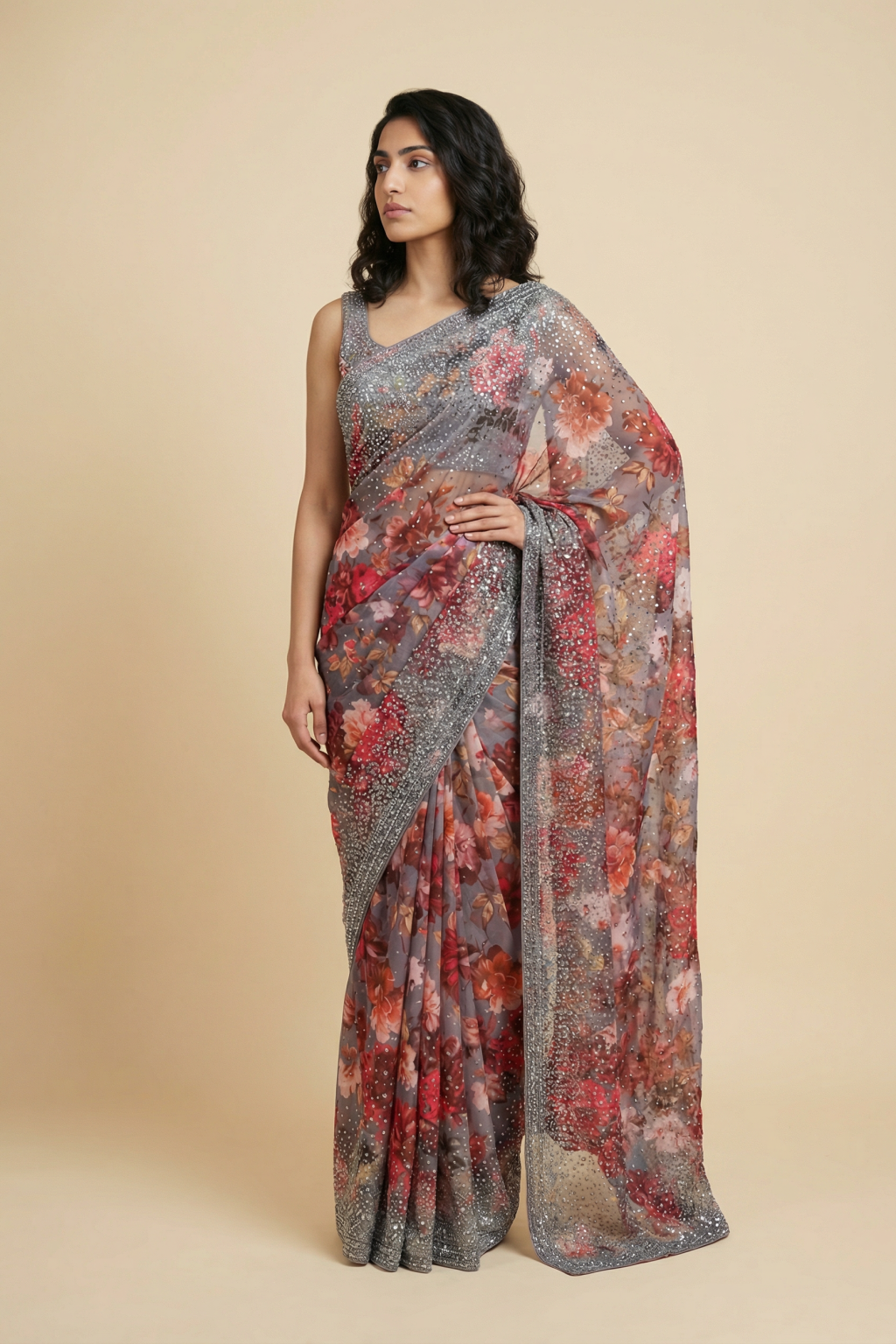 Multicolor Floral Printed Georgette Saree with All Over Sequins Work