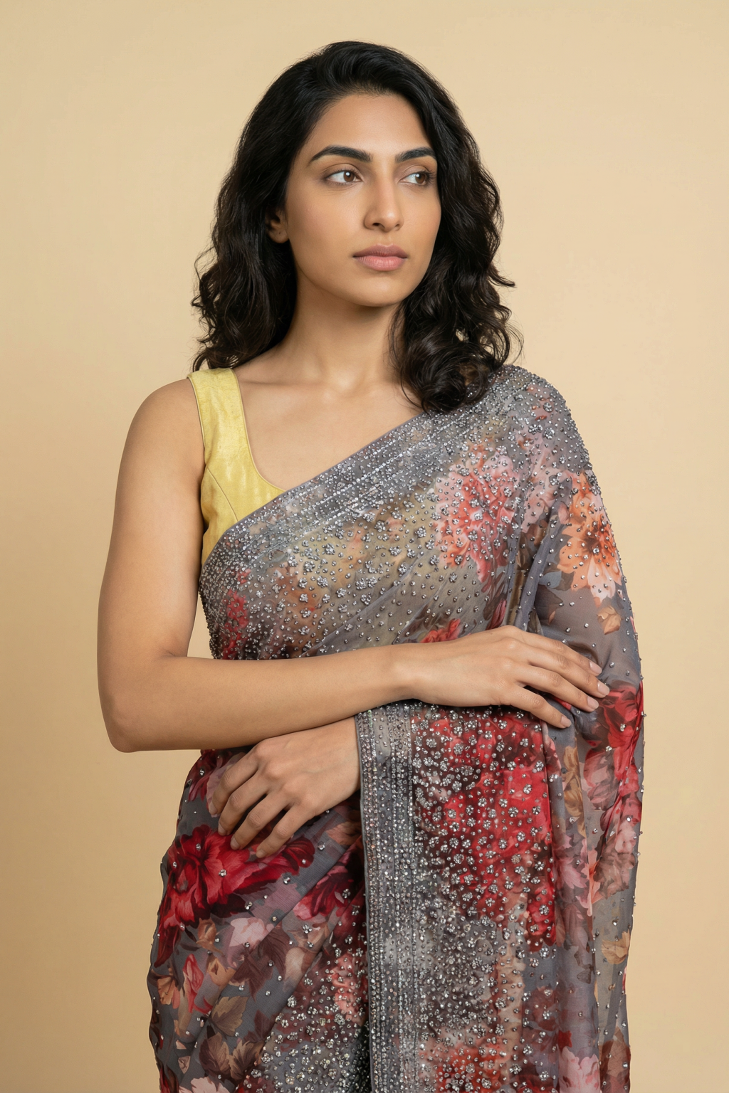 Multicolor Floral Printed Georgette Saree with All Over Sequins Work