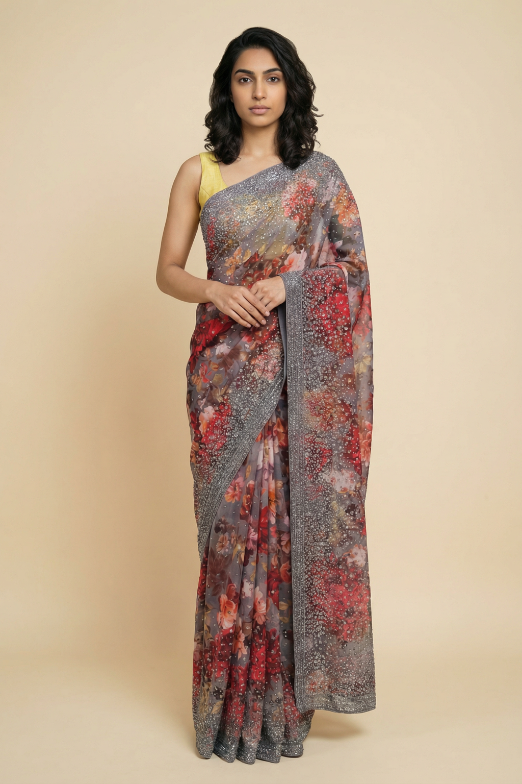 Multicolor Floral Printed Georgette Saree with All Over Sequins Work