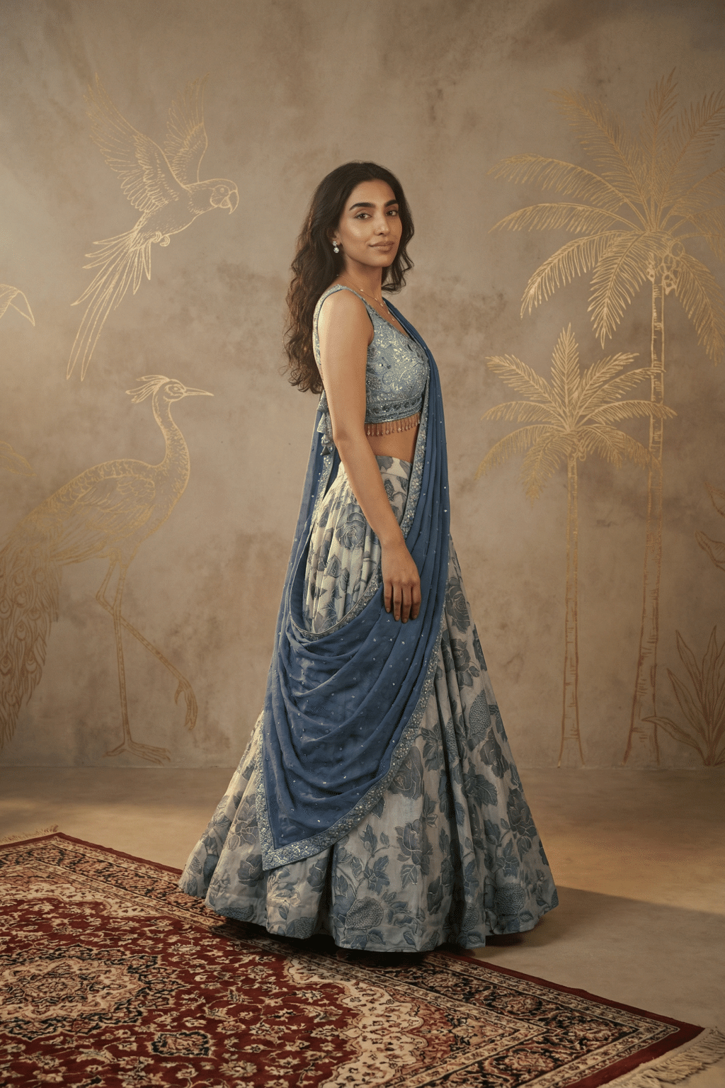 Multicolour Printed Tissue Organza Lehenga Set