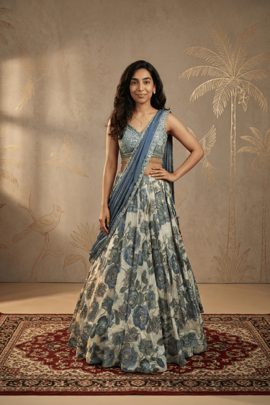 Multicolour Printed Tissue Organza Lehenga Set