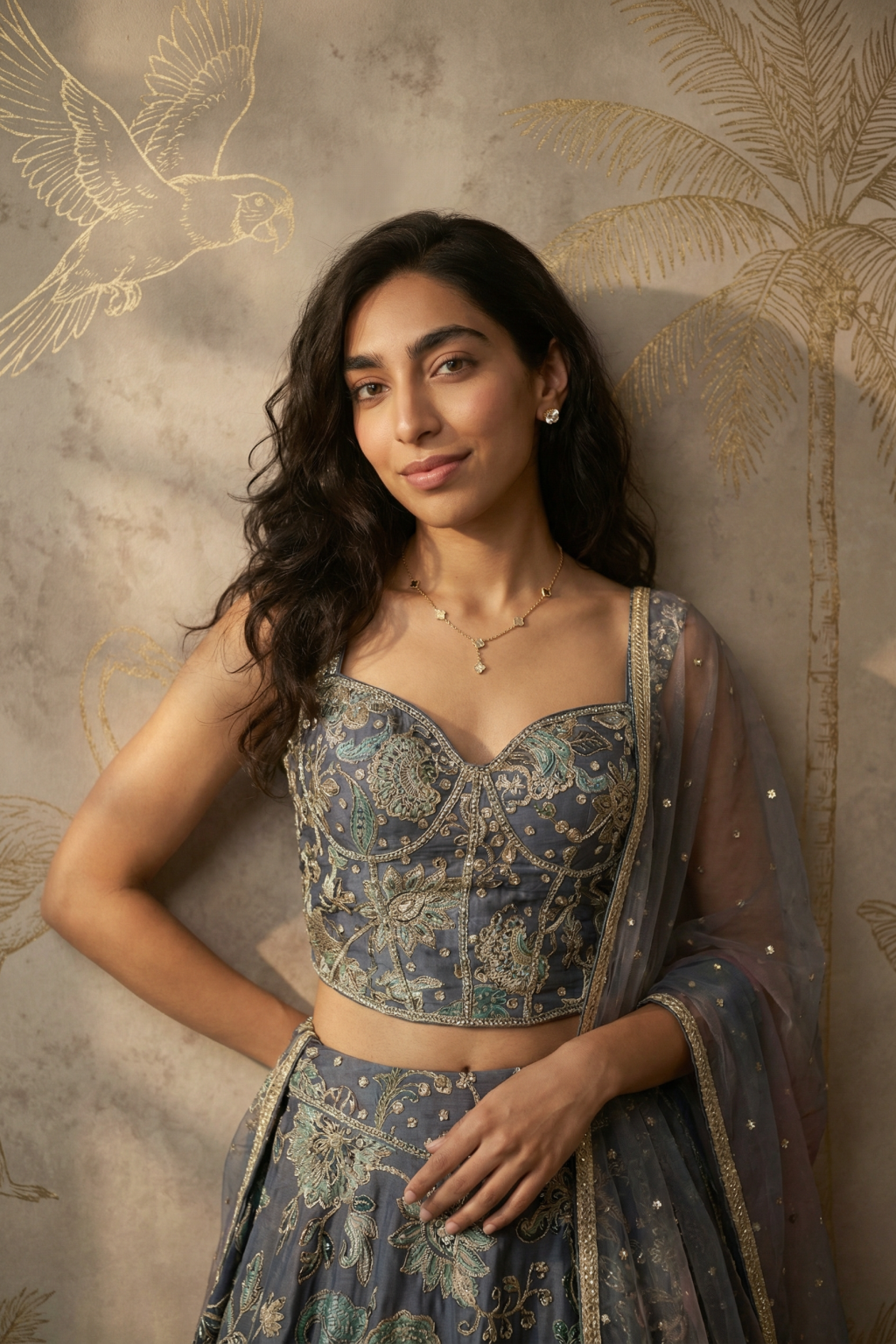 Grey Printed Tissue Organza Lehenga Set