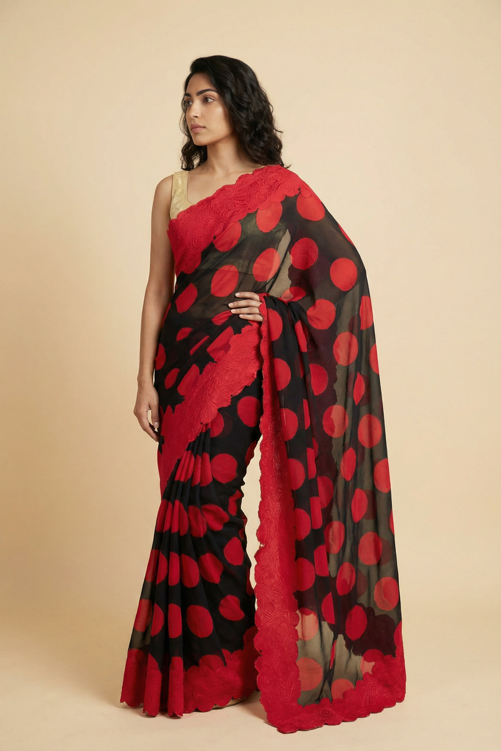 Black Georgette Saree with Red Polka Dot Print and Applique Border - Mokshaa