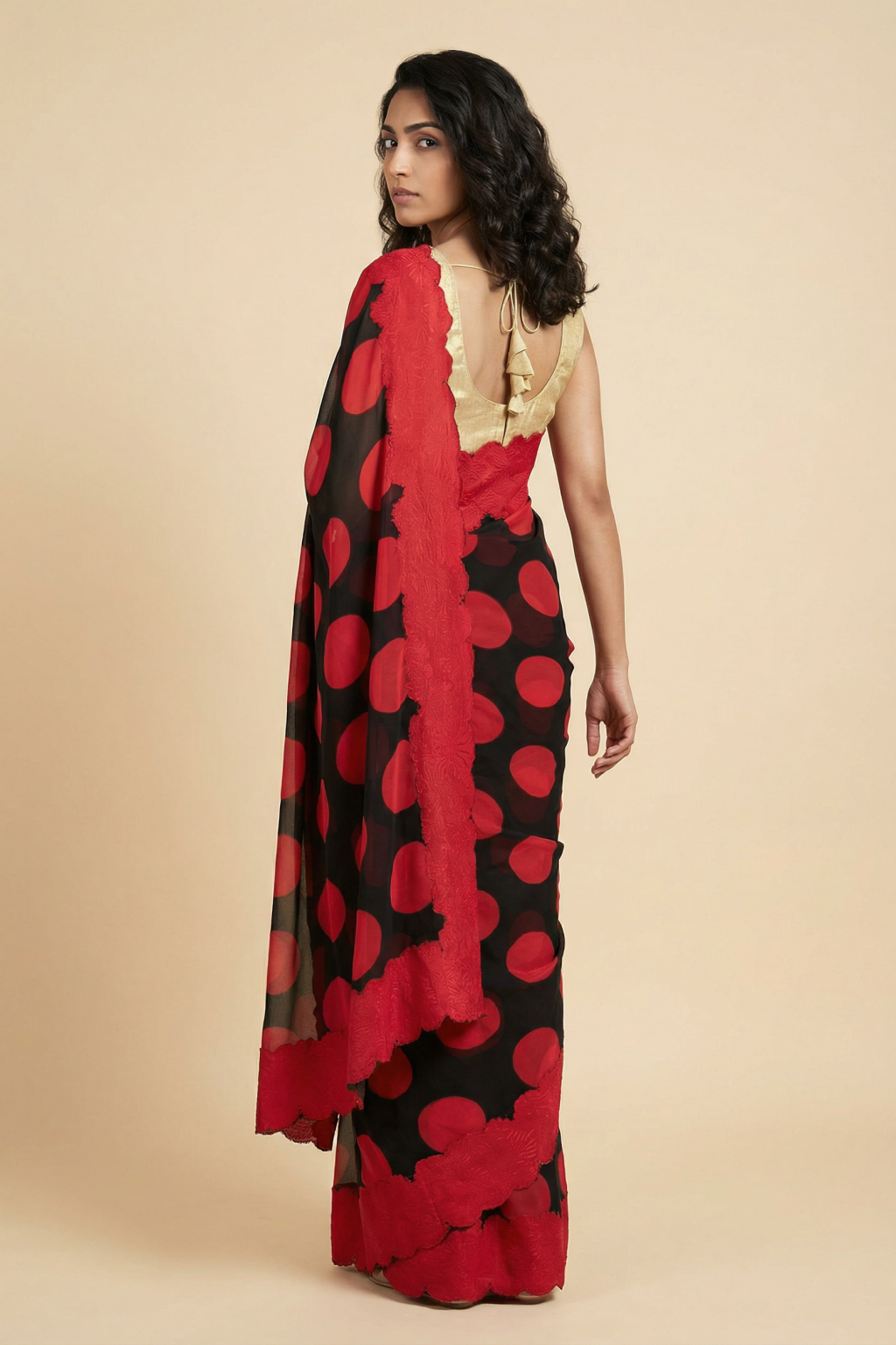 Black Georgette Saree with Red Polka Dot Print and Applique Border - Mokshaa