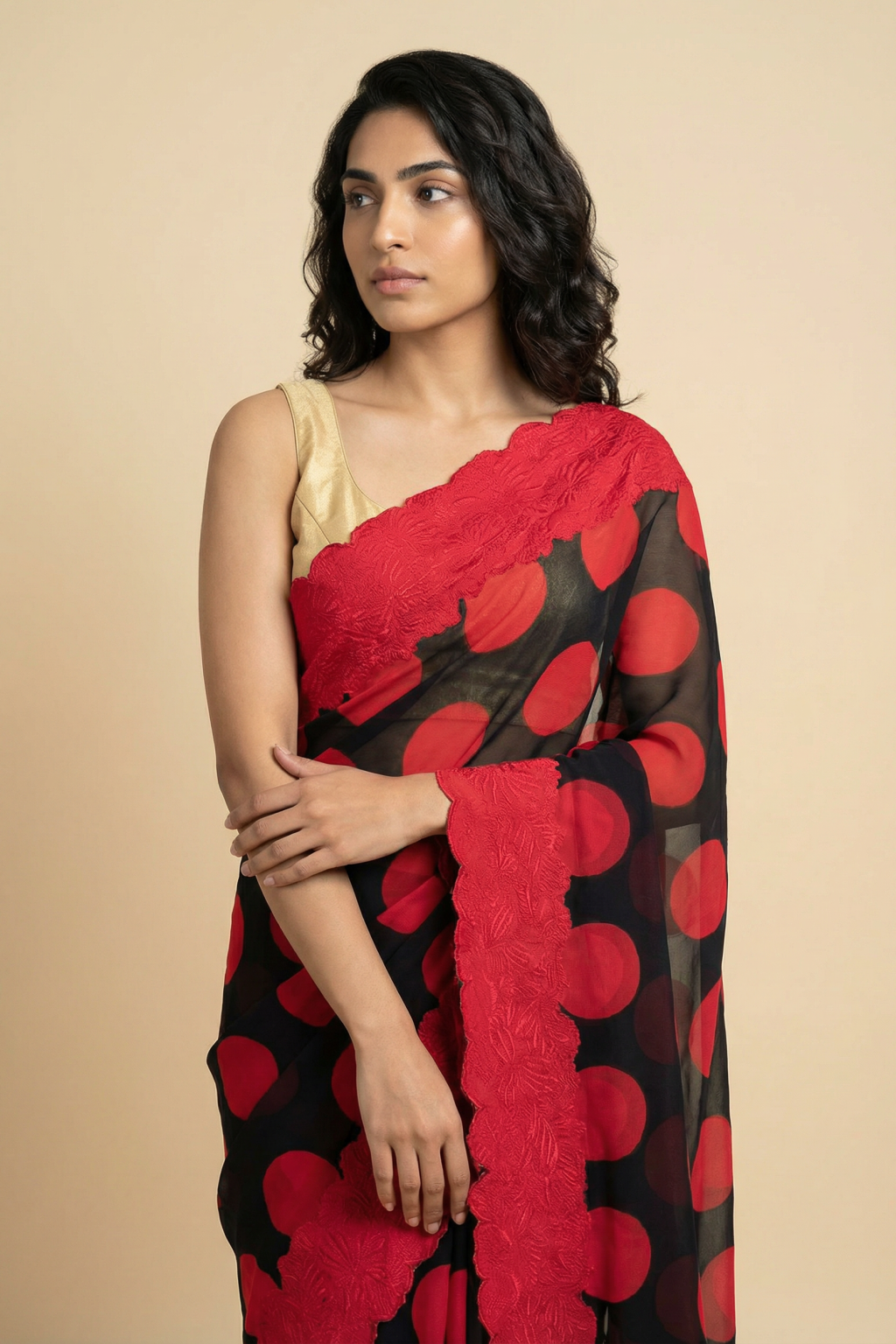 Black Georgette Saree with Red Polka Dot Print and Applique Border - Mokshaa