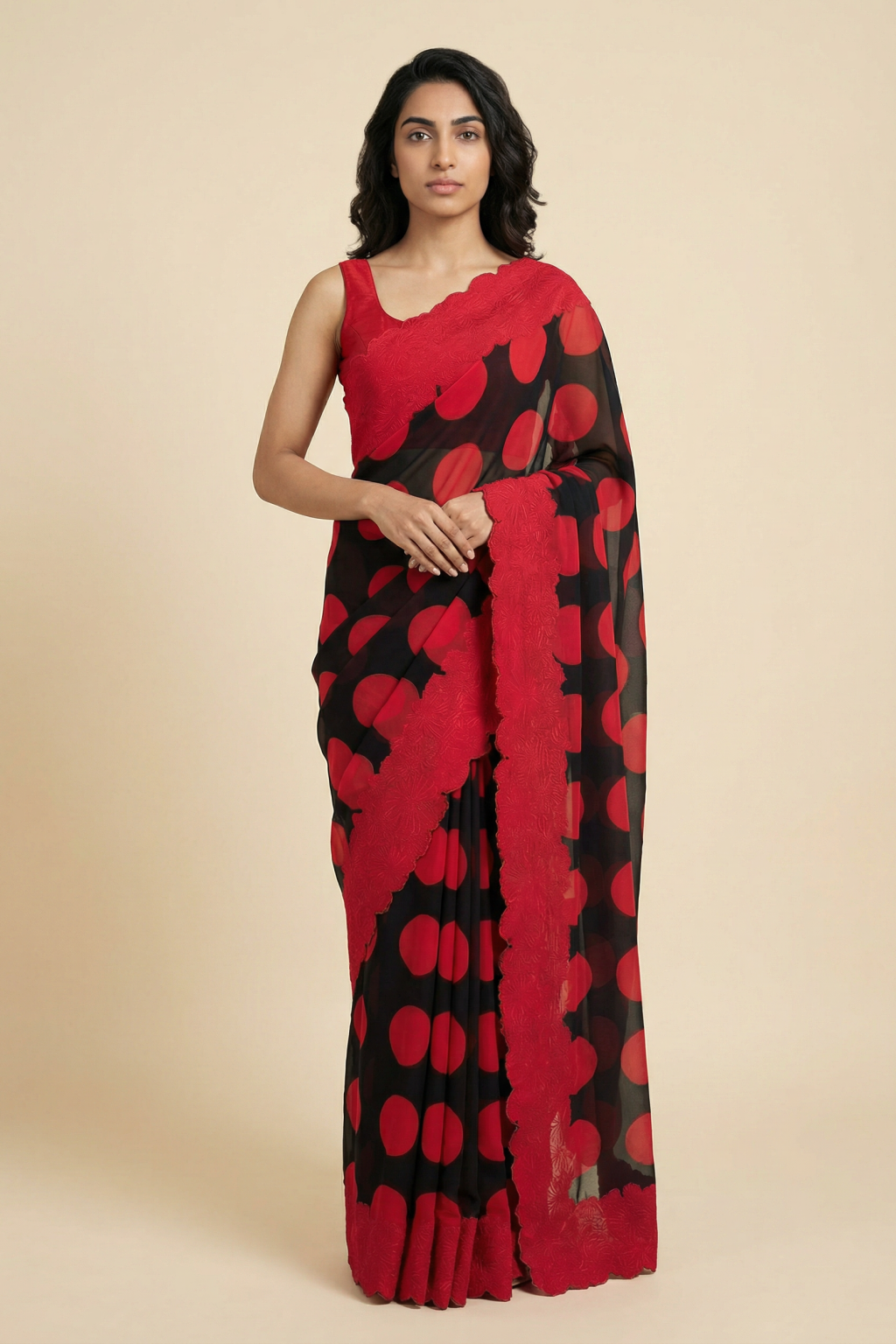Black Georgette Saree with Red Polka Dot Print and Applique Border - Mokshaa