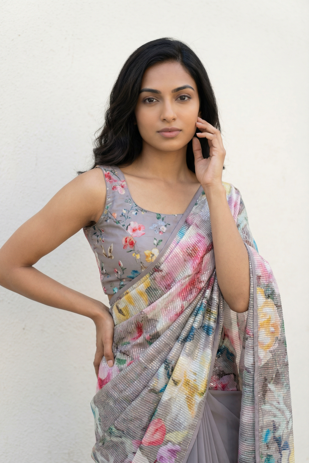 Onion Pink Georgette Sequin Saree