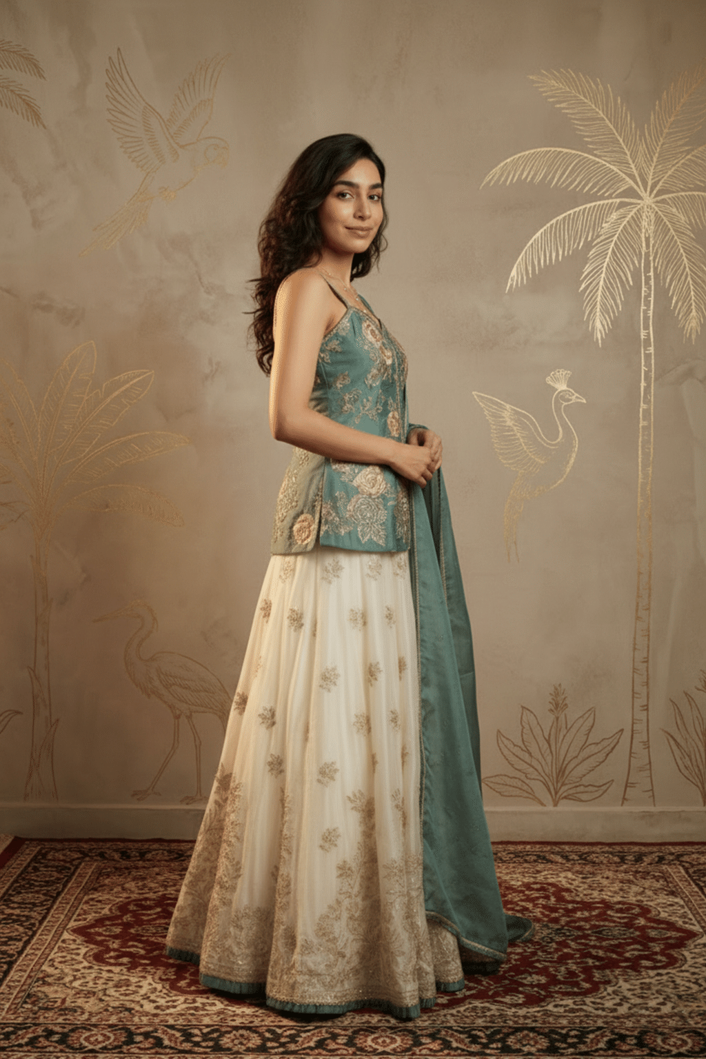 Ivory and Mint Green Tissue Organza Lehenga Set