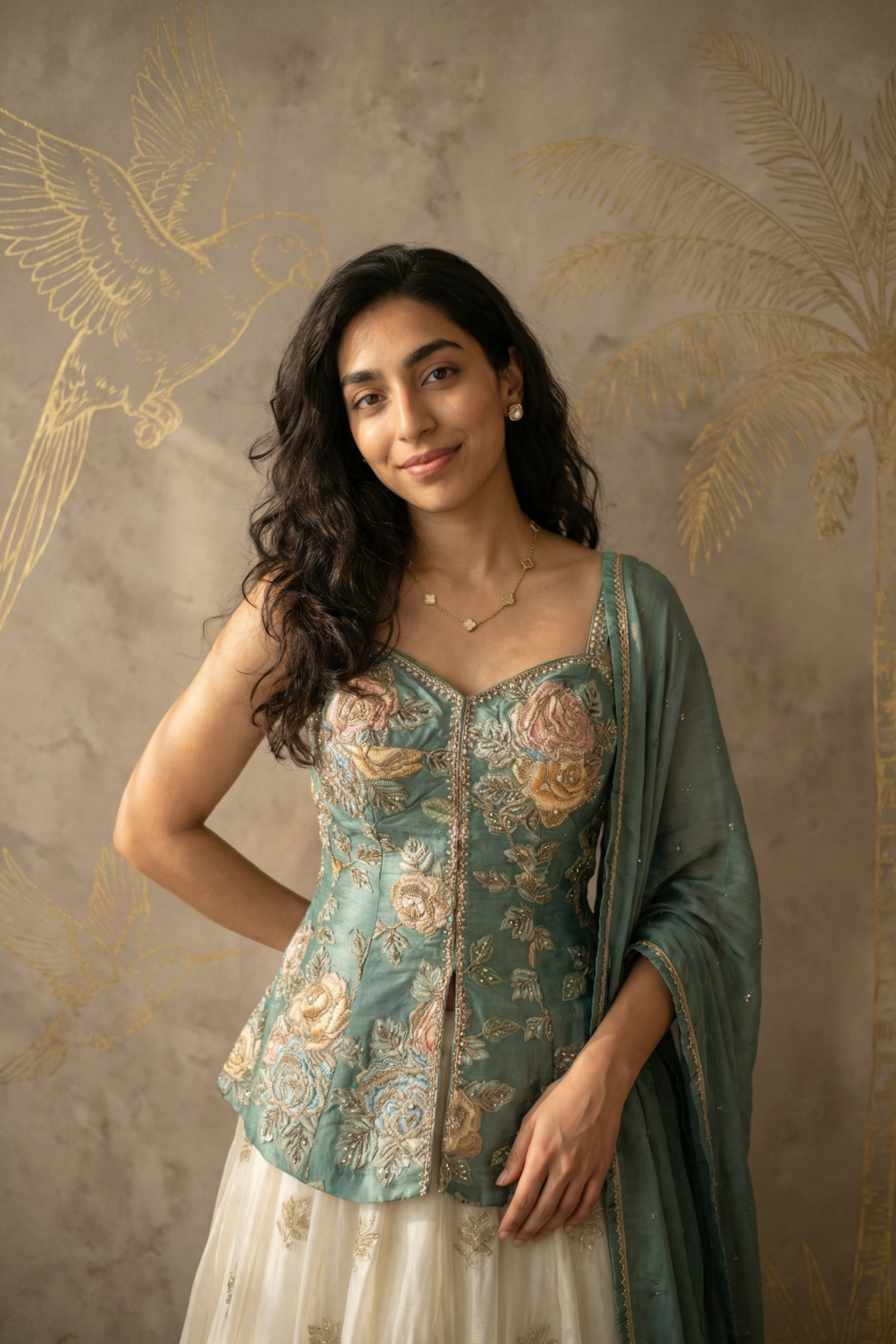 Ivory and Mint Green Tissue Organza Lehenga Set