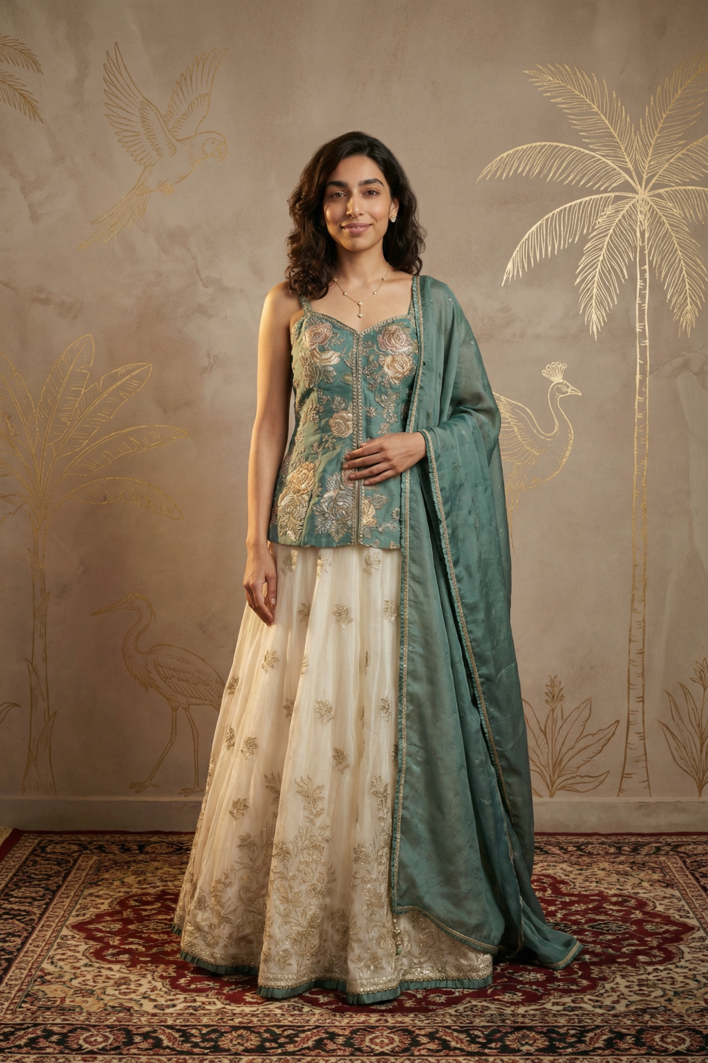 Ivory and Mint Green Tissue Organza Lehenga Set