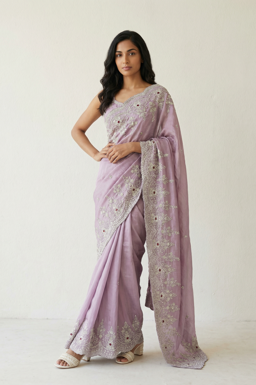 Purple Crepe Tissue Saree with Pearl and Sequin Embroidery
