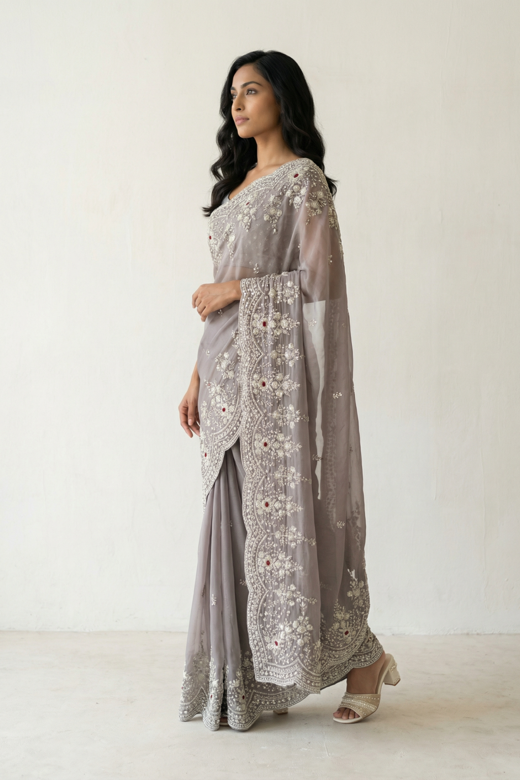 Dusty Lavender Tissue Organza Saree with Pearl and Sequin Embroidery