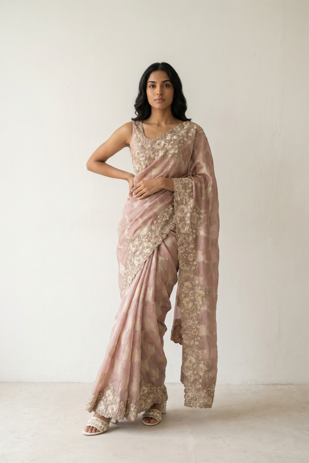 Pink Banarasi Tissue Saree with Pearl and Bead Embroidered Border - Mokshaa