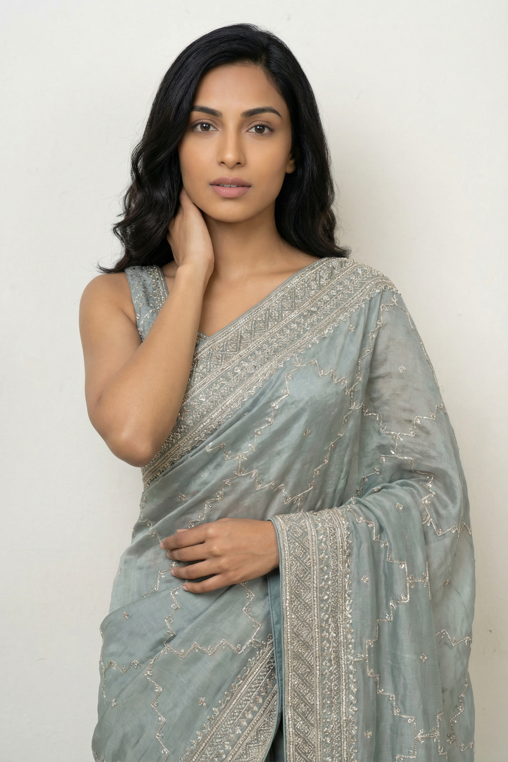 Powder Blue Tissue Organza Saree with Pearl and Sequin Embroidery