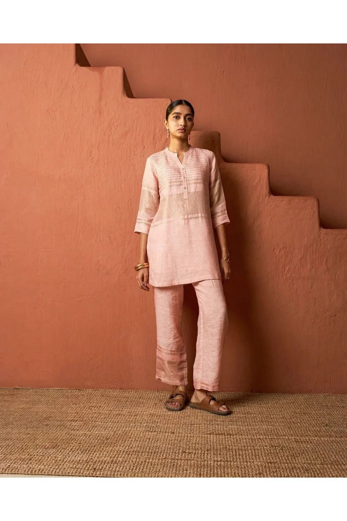 Pink Textured Linen Co-ord Set - Mokshaa