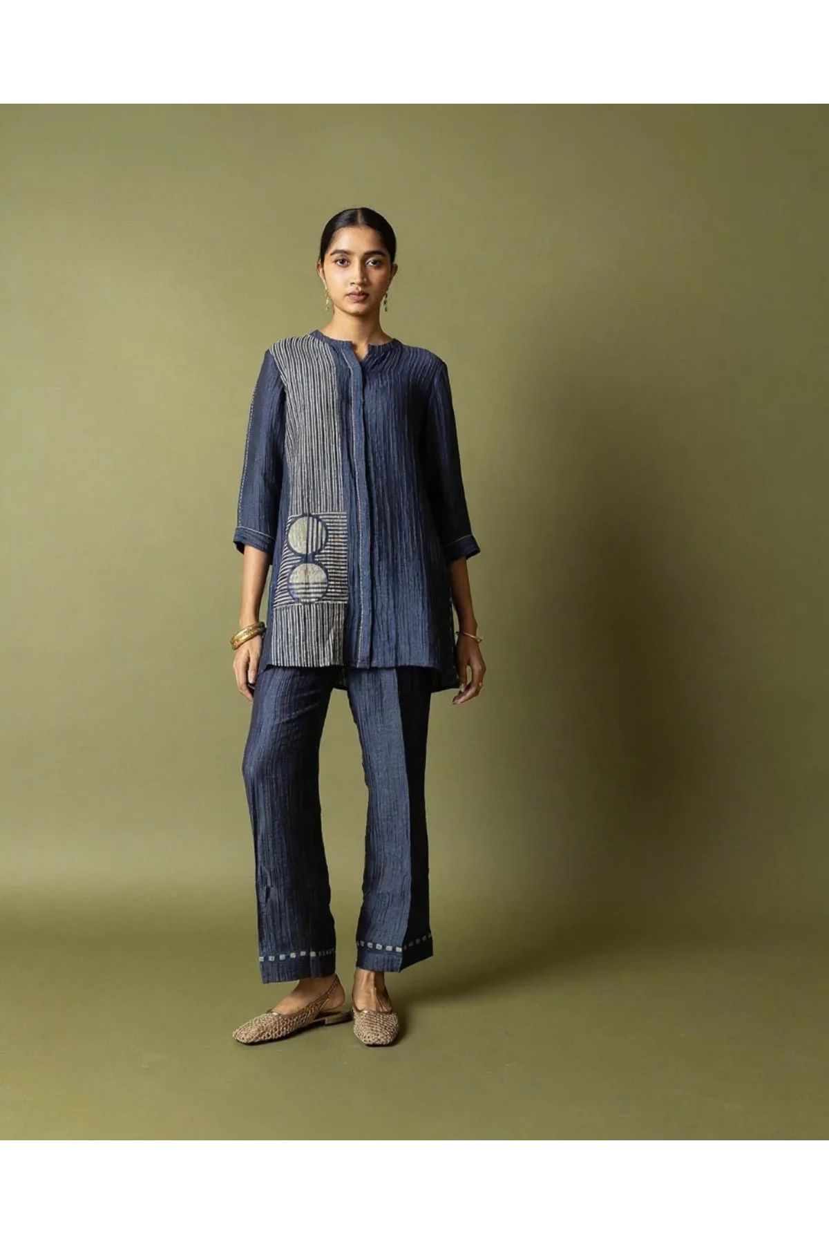 Navy Blue Textured Cotton Co-ord Set | Kurti | Mokshaa